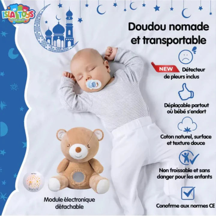 Peluche coranique veilleuse et Projection Étoilée & Détecteur de Pleurs